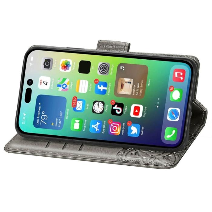 Bild 4, iPhone 15 Pro Max Fodral Läder Fjäril Tryck Grå