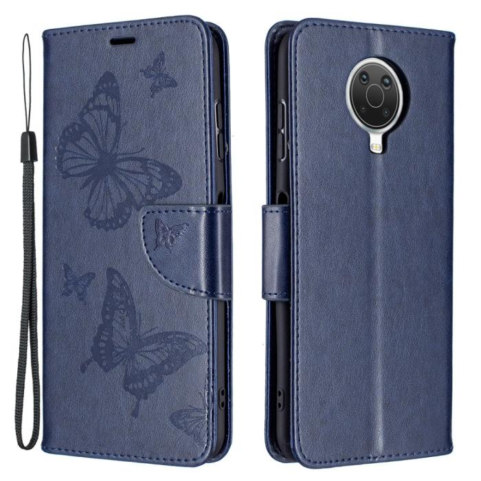 Bild 1, Nokia G10 / G20 Fodral Tryckt Butterfly Läder Mörk Blå