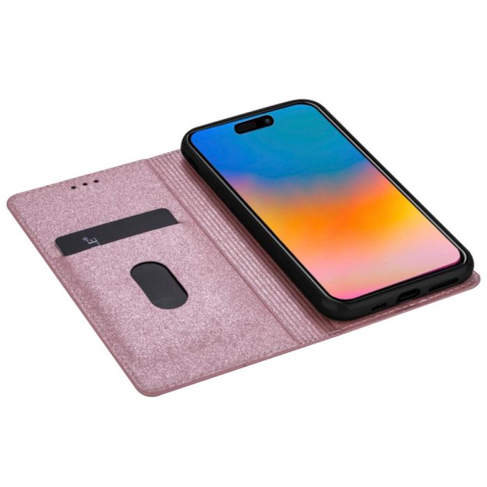 Bild 3, iPhone 15 Plus Fodral Flip Glitter Roséguld