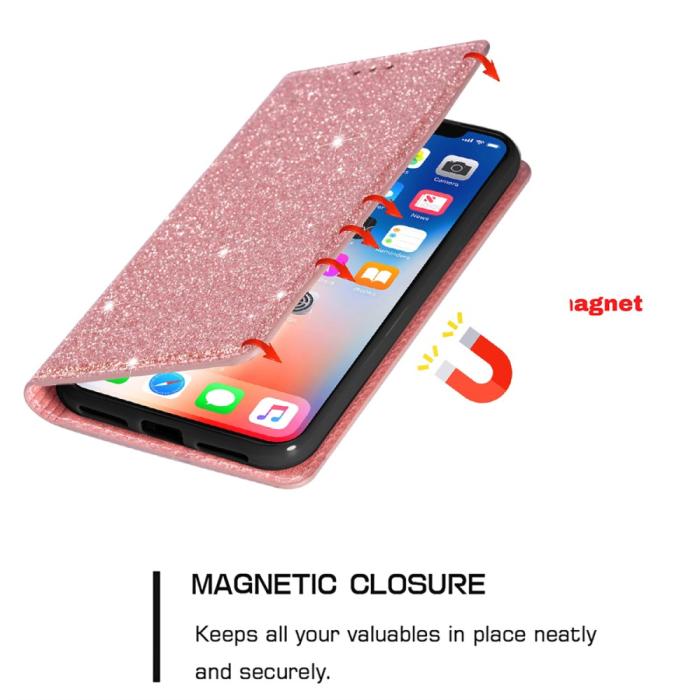 Bild 5, iPhone 15 Plus Fodral Flip Glitter Roséguld