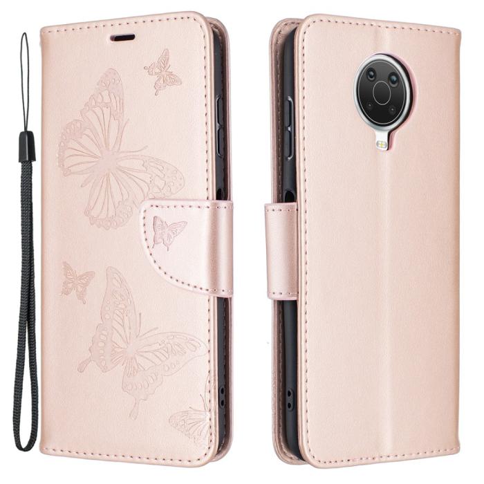 Bild 1, Nokia G10 / G20 Fodral Tryckt Butterfly Läder Roséguld