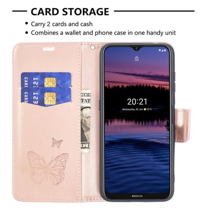 Bild 3, Nokia G10 / G20 Fodral Tryckt Butterfly Läder Roséguld