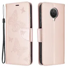 Nokia G10 / G20 Fodral Tryckt Butterfly Läder Roséguld