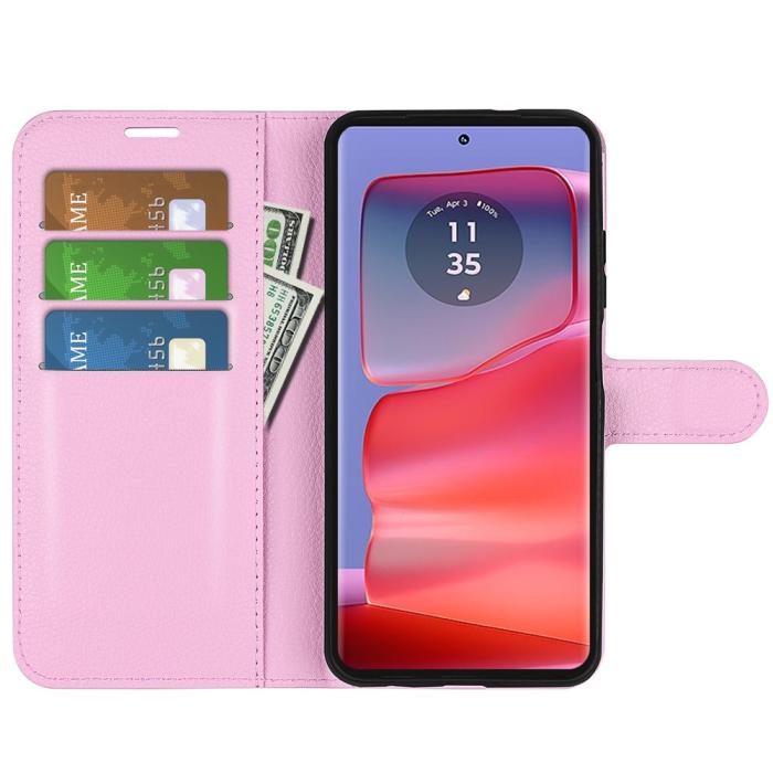 Bild 2, Motorola Edge 50 Pro 5G Litchi Läder Fodral Ljus Rosa