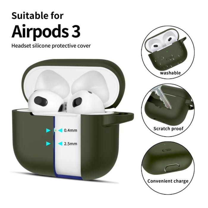Bild 2, Tech-Protect AirPods 3 Skal Silikon Hook Olive Green