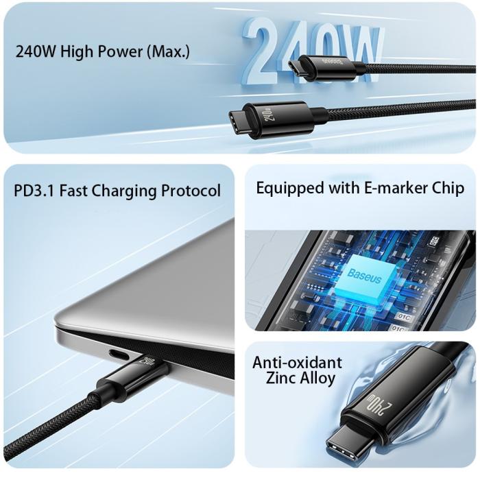 Bild 5, Baseus 1m 240W USB-C - USB-C Kabel Tungsten Gold Series Svart