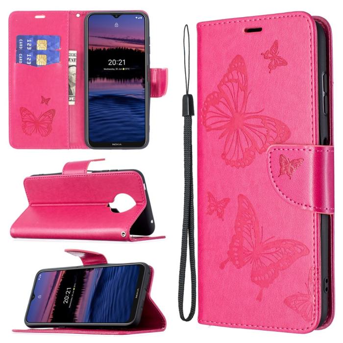 Bild 6, Nokia G10 / G20 Fodral Tryckt Butterfly Läder Rosa