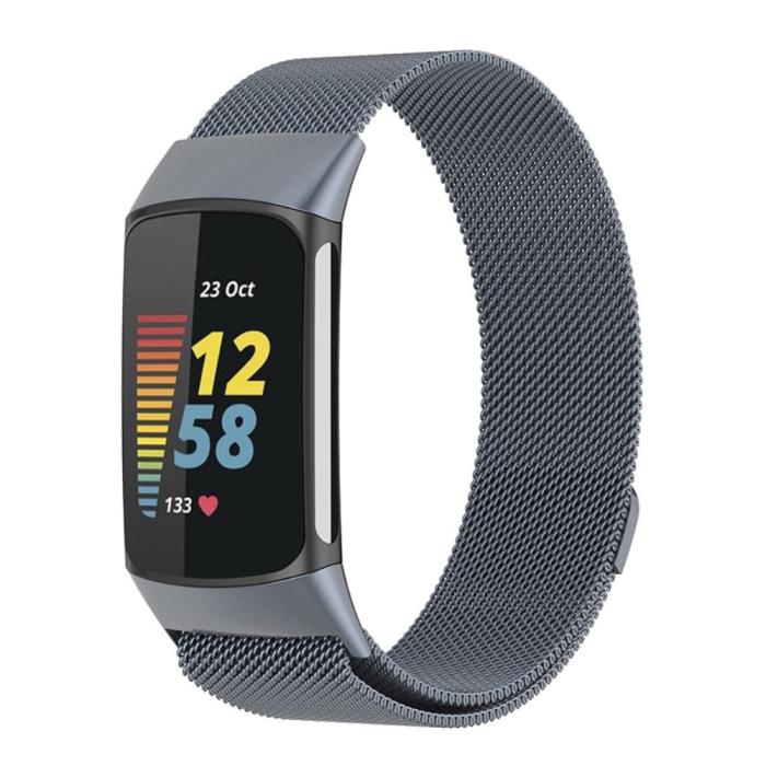 Bild 3, Fitbit Charge 6 / 5 Metall Armband Milanese Loop Grå
