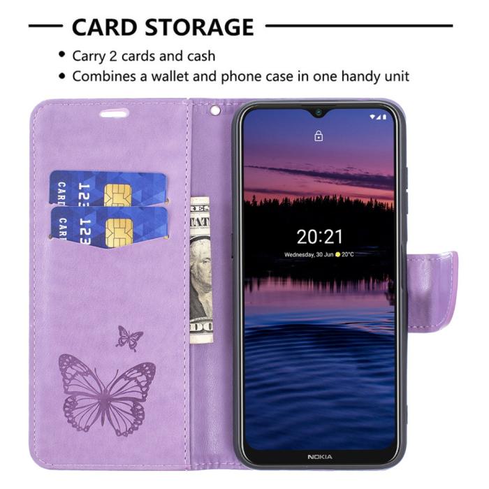 Bild 3, Nokia G10 / G20 Fodral Tryckt Butterfly Läder Lila