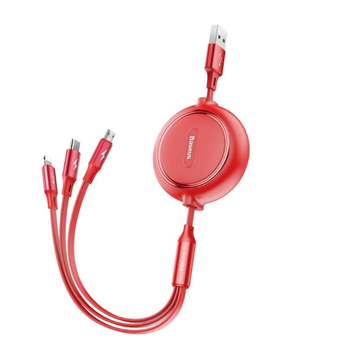 Bild 2, Basues 1.2 m 3in1 USB-C / Lightning / MicroUSB Retractable Röd