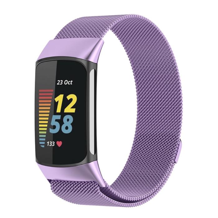 Bild 3, Fitbit Charge 6 / 5 Metall Armband Milanese Loop Lila