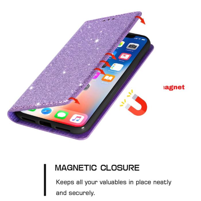 Bild 5, iPhone 15 Plus Fodral Flip Glitter Lila