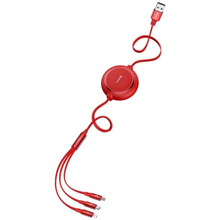 Bild 3, Basues 1.2 m 3in1 USB-C / Lightning / MicroUSB Retractable Röd