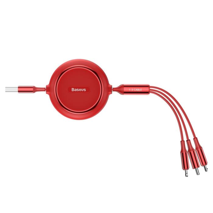 Bild 5, Basues 1.2 m 3in1 USB-C / Lightning / MicroUSB Retractable Röd