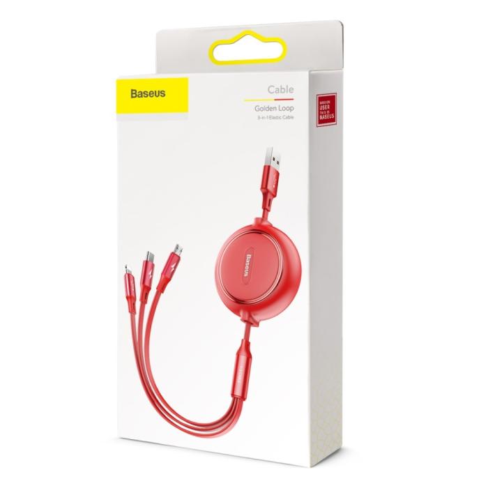 Bild 6, Basues 1.2 m 3in1 USB-C / Lightning / MicroUSB Retractable Röd