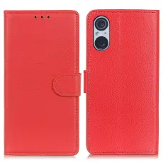 Sony Xperia 5 V Fodral Litchi L&auml;der R&ouml;d