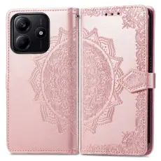 Xiaomi Redmi Note 14 5G Fodral L&auml;der Mandala Tryck Ros&eacute;guld