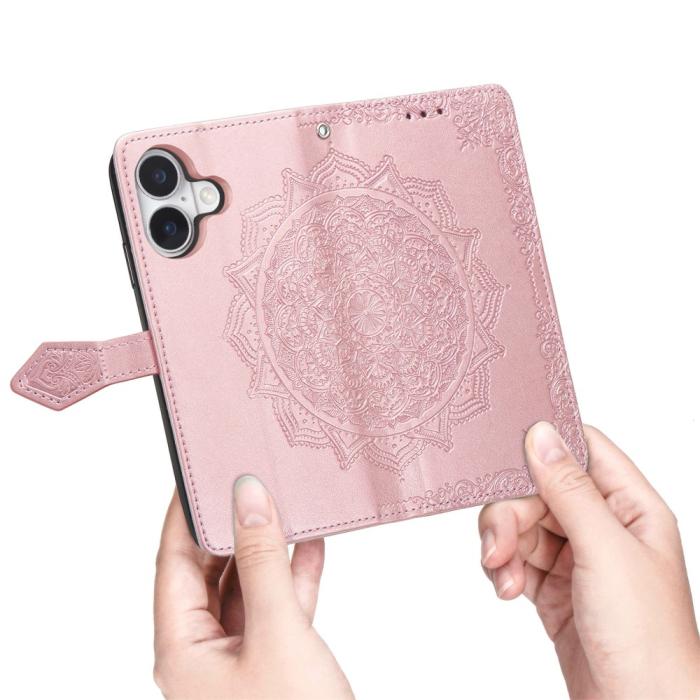 Bild 4, iPhone 16 Plus Fodral Mandala Läder Roséguld
