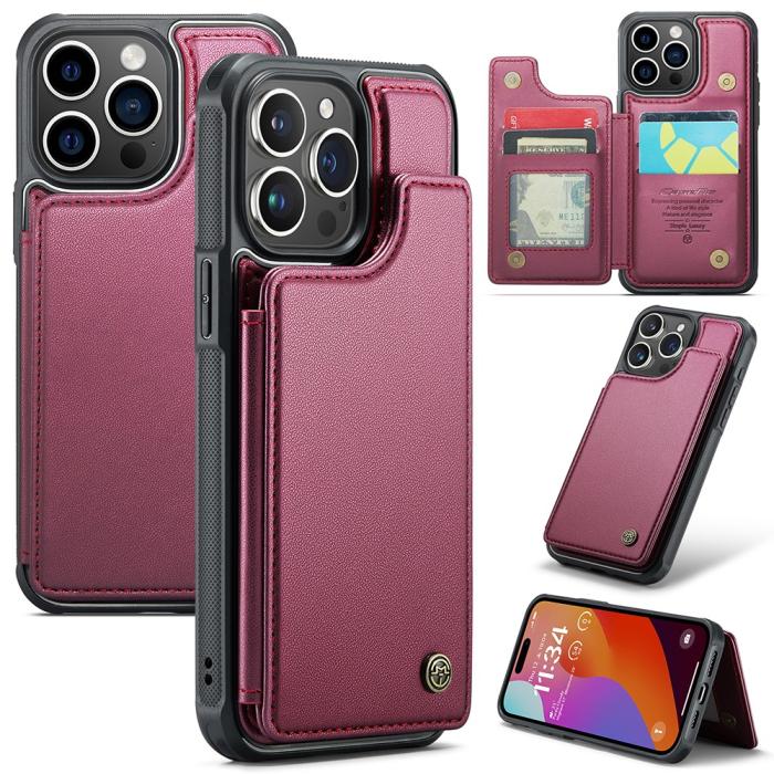 Bild 1, CASEME iPhone 15 Pro Skal RFID Kickstand Plånbok Vinröd