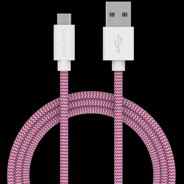 Bild 1, Smartline 2m Micro USB Nylon Laddningskabel Rosa/Vit