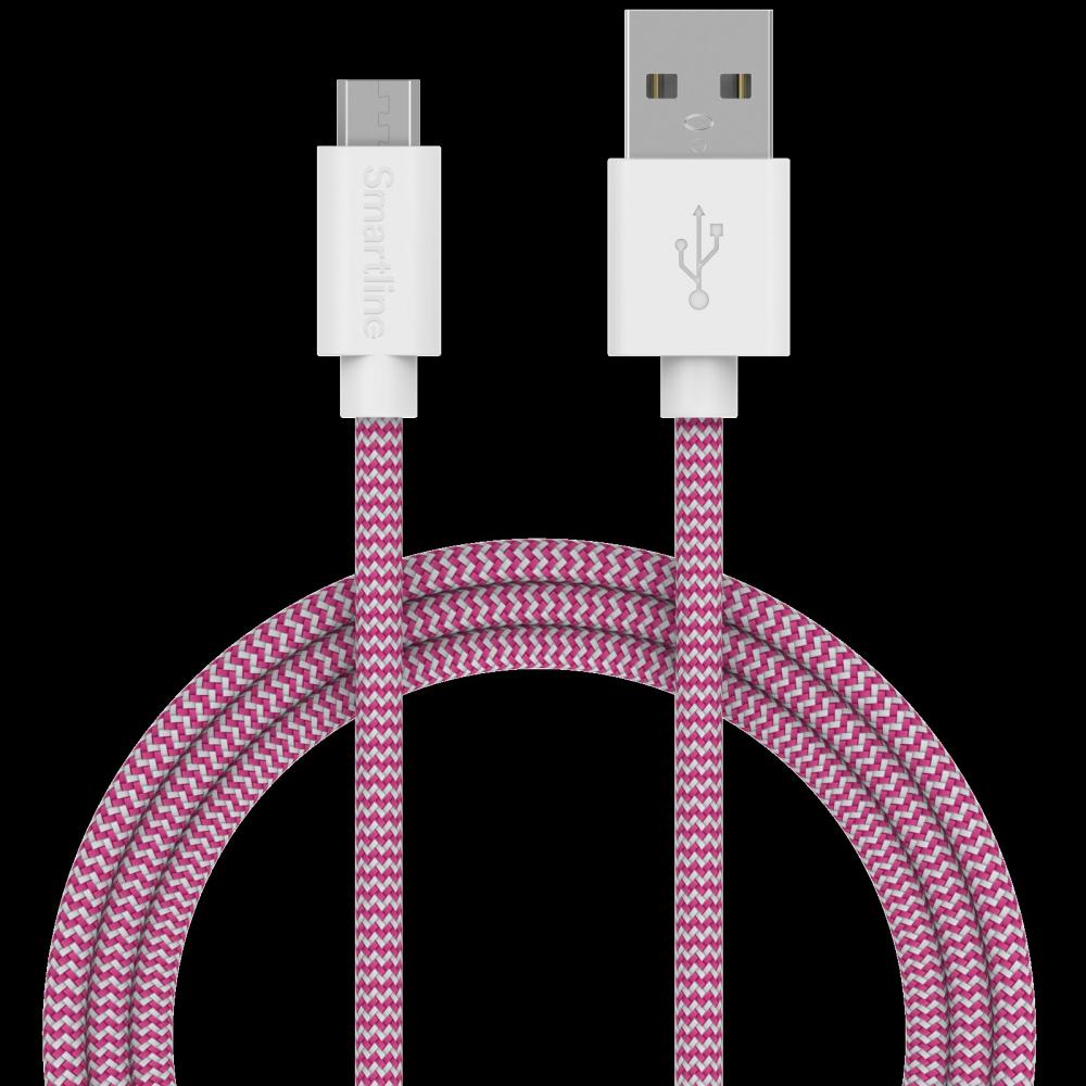 Smartline 2m Micro USB Nylon Laddningskabel Rosa/Vit