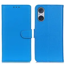 Sony Xperia 5 V Fodral Litchi L&auml;der Bl&aring;