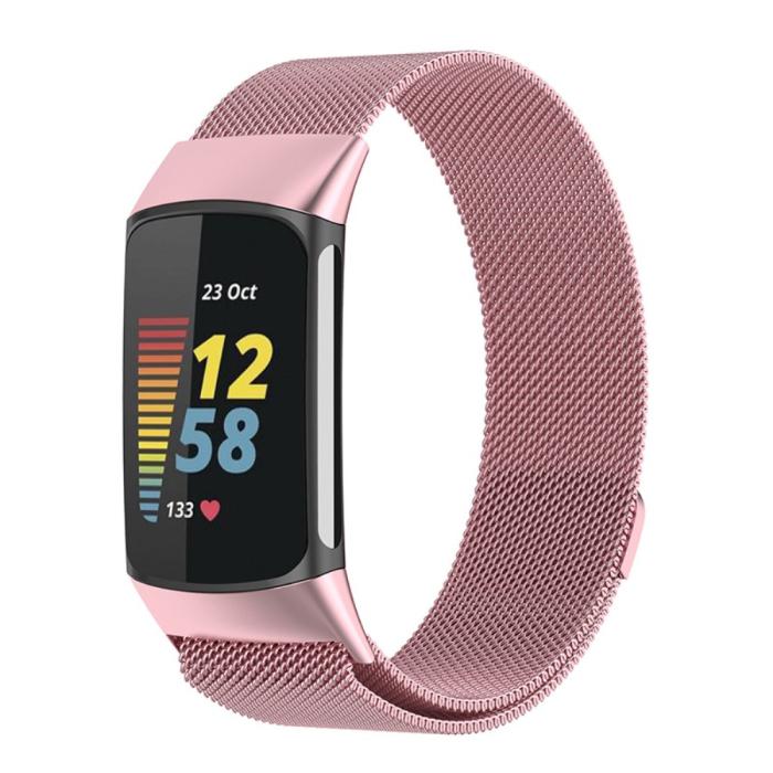 Bild 3, Fitbit Charge 6 / 5 Metall Armband Milanese Loop Rosa