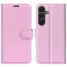 Samsung Galaxy S25 Fodral Litchi L&auml;der Ljus Rosa