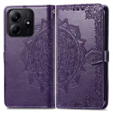 Xiaomi Redmi Note 14 5G Fodral L&auml;der Mandala Tryck M&ouml;rk Lila