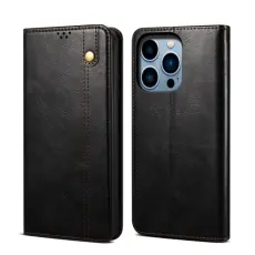 iPhone 14 Pro Fodral Flip Wax L&auml;der Svart