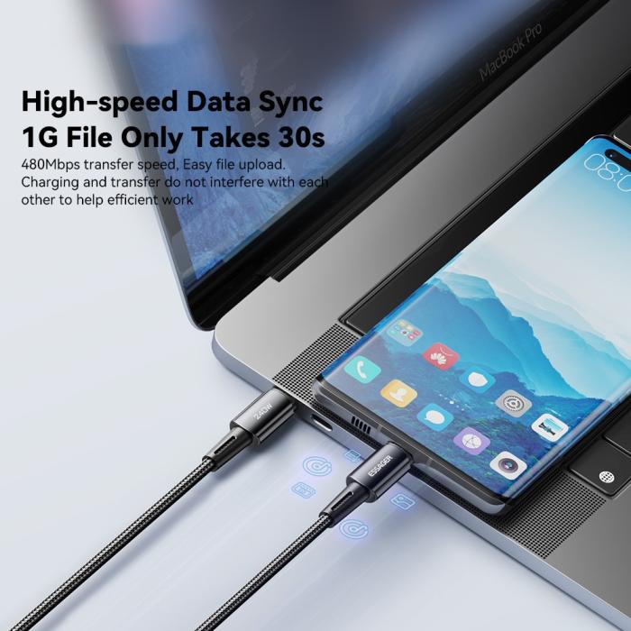 Bild 4, ESSAGER 2m 240W PD USB-C - USB-C Nylonkabel Svart
