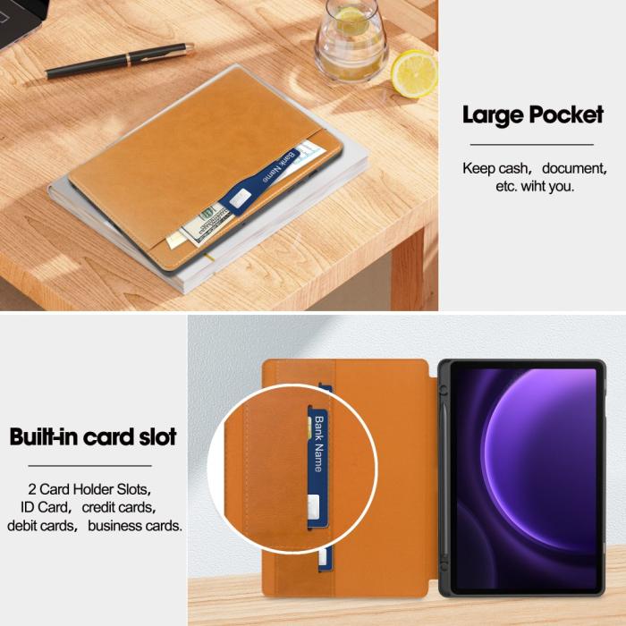 Bild 3, Galaxy Tab S9 FE Fodral Business Läder Pennhållare Brun