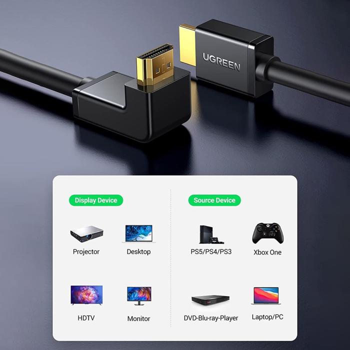 Bild 3, UGREEN 1.5m 270° 4K 60Hz HDMI - HDMI Kabel Elbow Svart