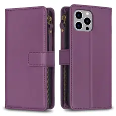 iPhone 15 Pro Max 9-Kort Multifunktionellt L&auml;der Fodral M&ouml;rk Lila