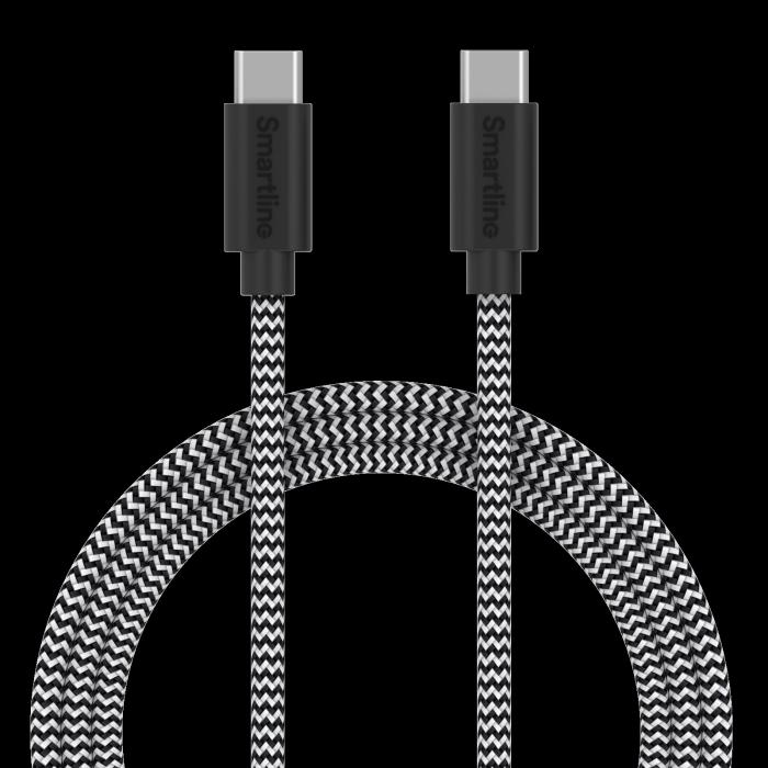 Bild 1, Smartline 1m 3A USB-C - USB-C Nylon Laddningskabel Svart/Vit