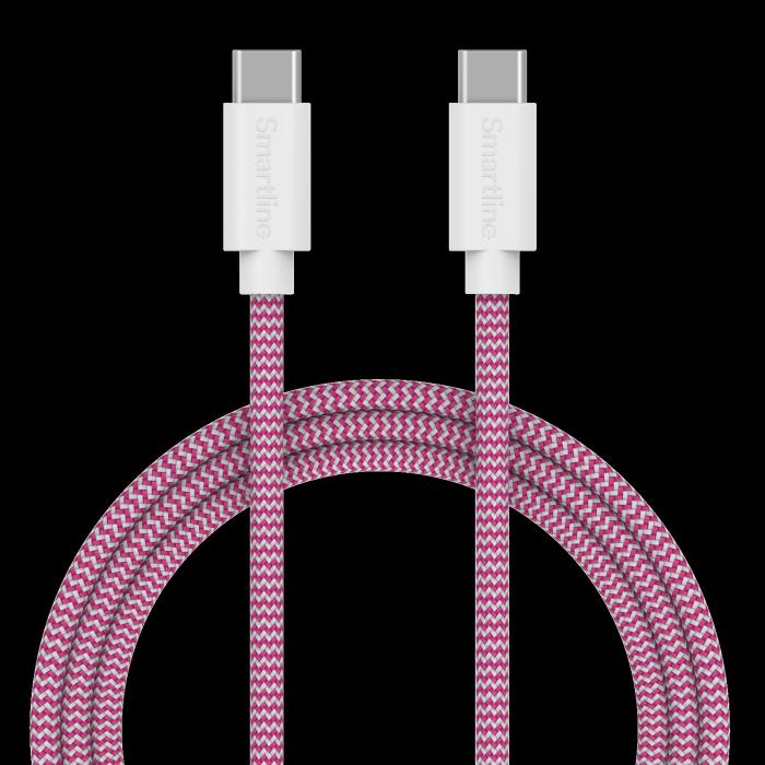 Bild 1, Smartline 1m 3A USB-C - USB-C Nylon Laddningskabel Rosa/Vit