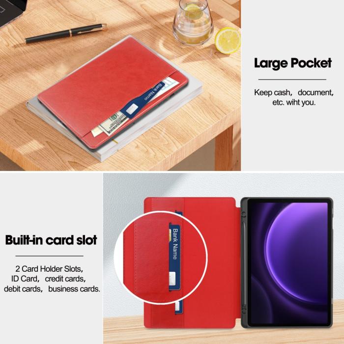 Bild 3, Galaxy Tab S9 FE Fodral Business Läder Pennhållare Röd