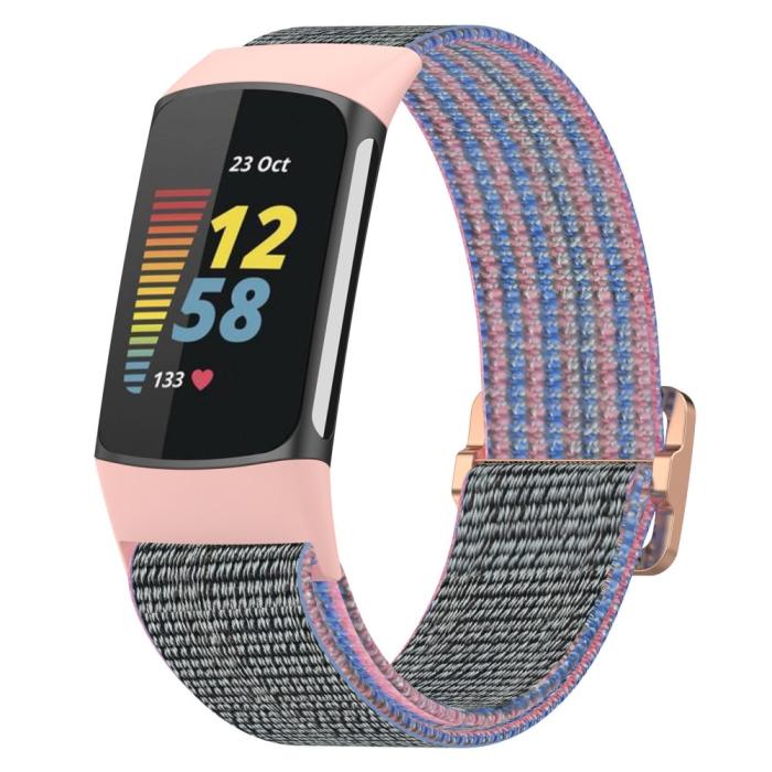 Bild 2, Fitbit Charge 6 / 5 Armband Justerbart Nylon Grå/Rosa