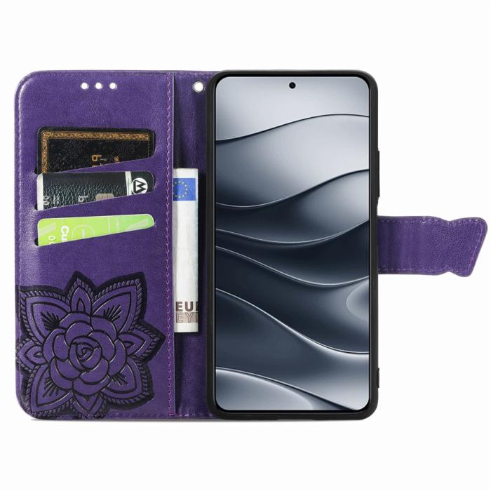 Bild 2, Xiaomi Redmi Note 14 5G Fodral Läder Fjäril Tryck Mörk Lila