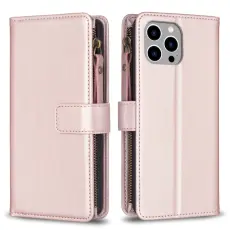 iPhone 15 Pro Max 9-Kort Multifunktionellt L&auml;der Fodral Ros&eacute;guld