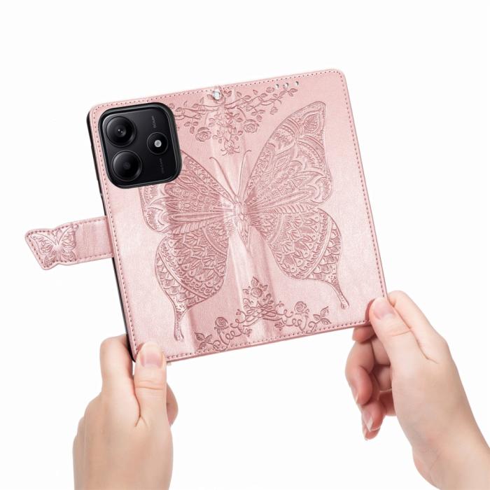 Bild 4, Xiaomi Redmi Note 14 5G Fodral Läder Fjäril Tryck Roséguld
