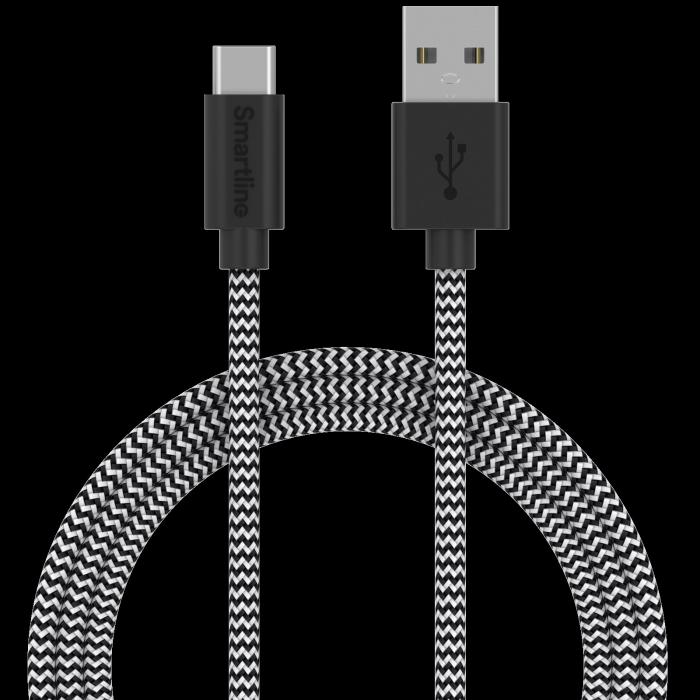 Bild 1, Smartline 2m 3A USB-C Nylon Laddningskabel Svart/Vit