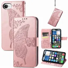 iPhone 17e / 16e Fodral Med Fj&auml;ril Tryck Ros&eacute;guld
