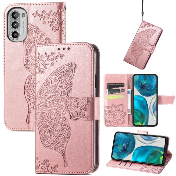 Bild 1, Motorola Moto G52/G82 Fodral Fjäril Tryck Roséguld