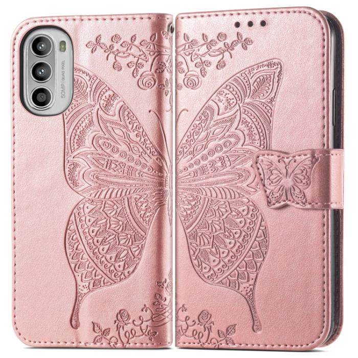 Bild 2, Motorola Moto G52/G82 Fodral Fjäril Tryck Roséguld