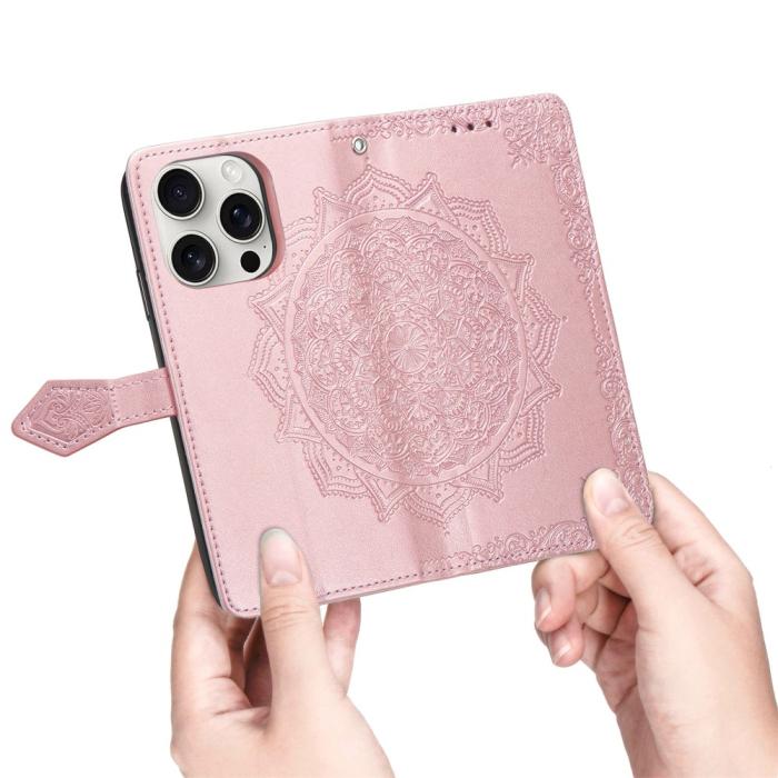 Bild 4, iPhone 16 Pro Max Fodral Mandala Läder Roséguld