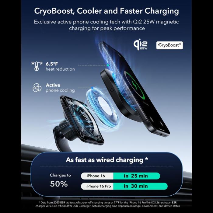 Bild 3, ESR 25W Qi2.2 Magnetisk MagSafe Billaddare CryoBoost Svart