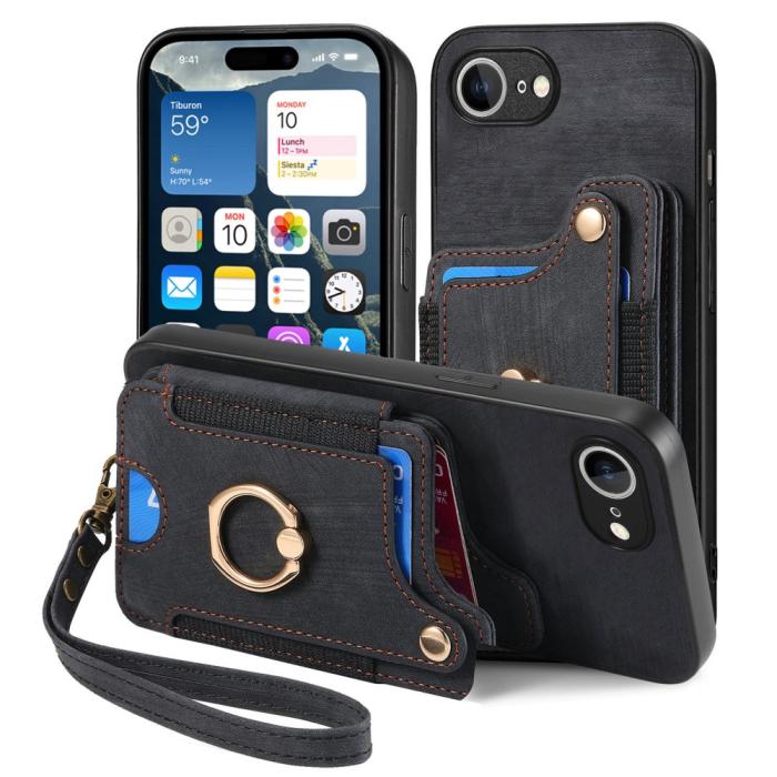 Bild 2, iPhone 17e / 16e Skal Med Korthållare RFID Retro Läder Svart