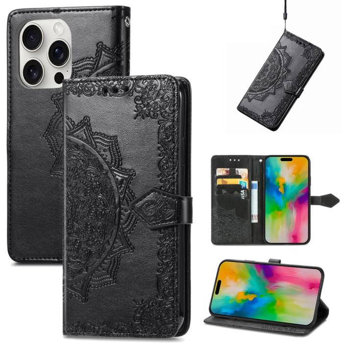 Bild 6, iPhone 16 Pro Max Fodral Mandala Läder Svart