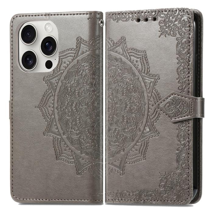 Bild 1, iPhone 16 Pro Max Fodral Mandala Läder Grå
